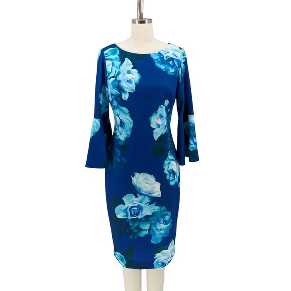 01377 Calvin Klein Floral Bell Sleeve Sheath Dress Blue 6 preppy Business casual - Picture 1 of 7